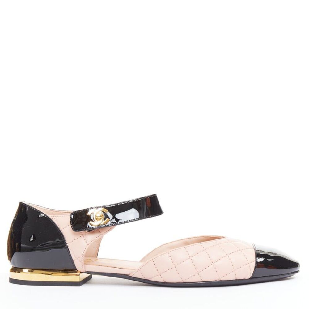 Chanel 2022 Pink Leather Black Patent Mary Janes